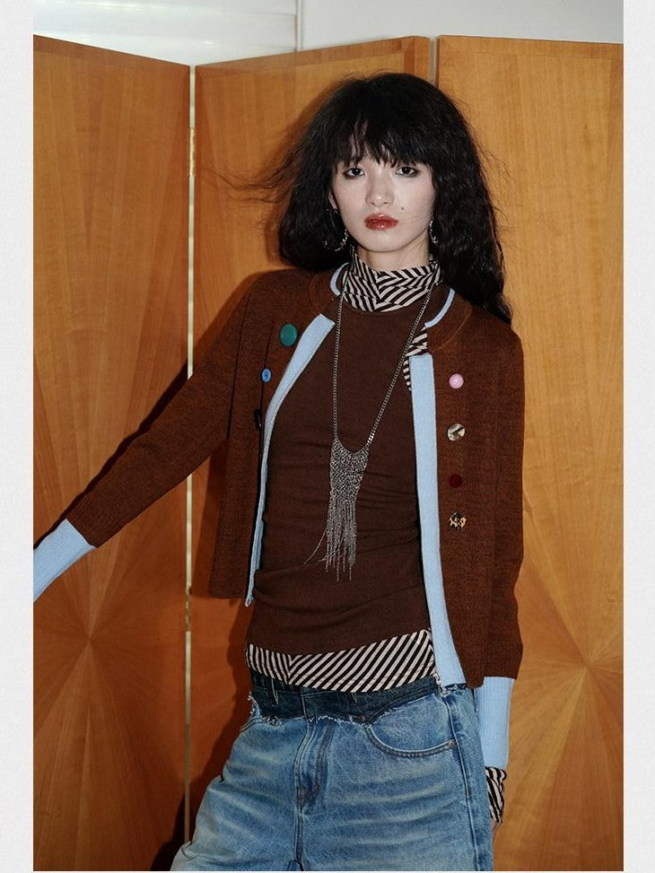 badtaste Western Contrast Color Faux Layered Cropped Women's Wool Blend Cardigans