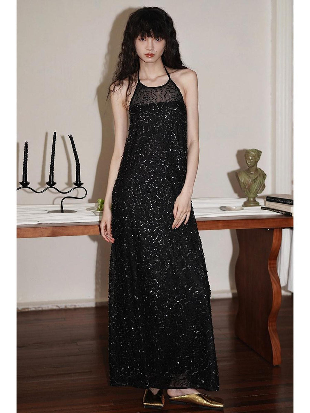 badtaste Western Custom Sequin Open Back Loose Women's Halter Maxi Dresses