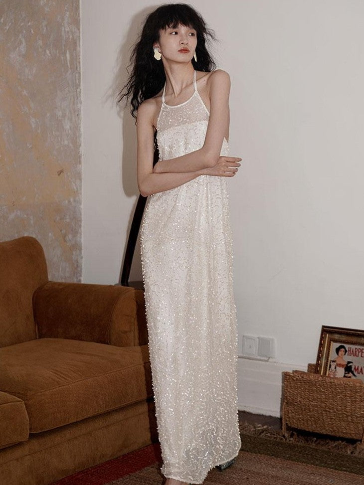 badtaste Western Custom Sequin Open Back Loose Women's Halter Maxi Dresses