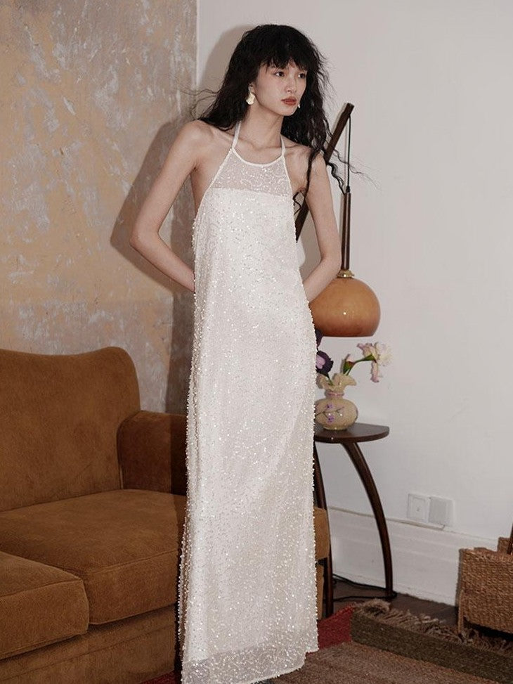 badtaste Western Custom Sequin Open Back Loose Women's Halter Maxi Dresses
