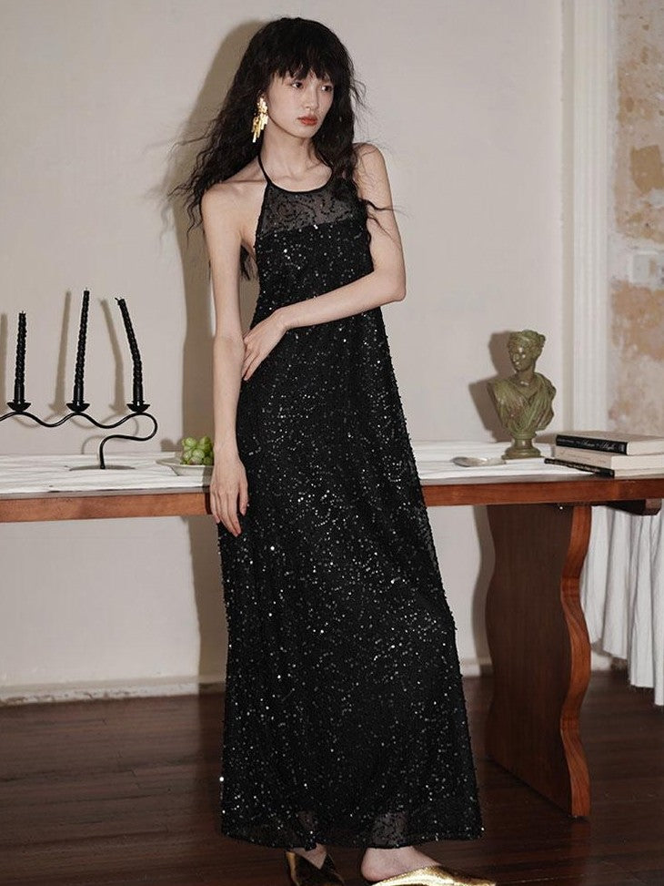 badtaste Western Custom Sequin Open Back Loose Women's Halter Maxi Dresses