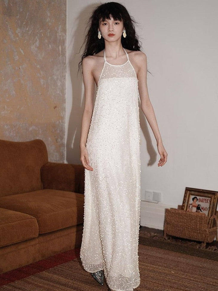 badtaste Western Custom Sequin Open Back Loose Women's Halter Maxi Dresses