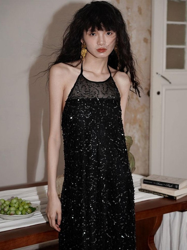 badtaste Western Custom Sequin Open Back Loose Women's Halter Maxi Dresses