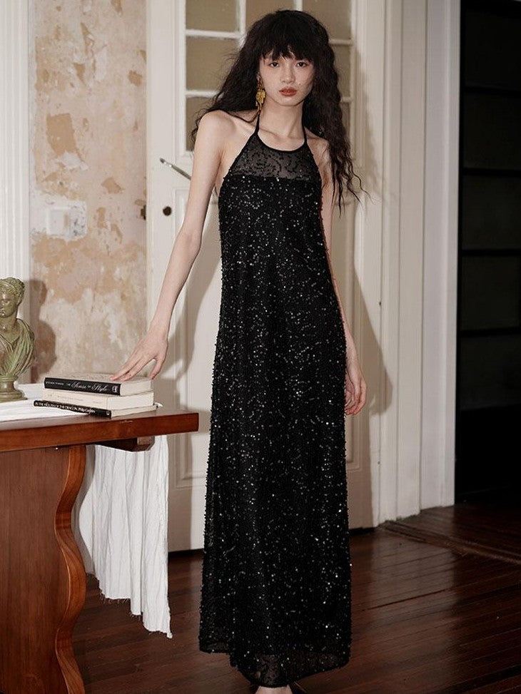 badtaste Western Custom Sequin Open Back Loose Women's Halter Maxi Dresses