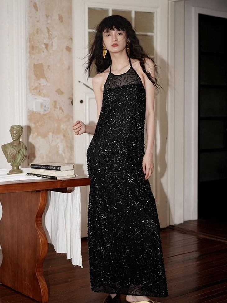 badtaste Western Custom Sequin Open Back Loose Women's Halter Maxi Dresses