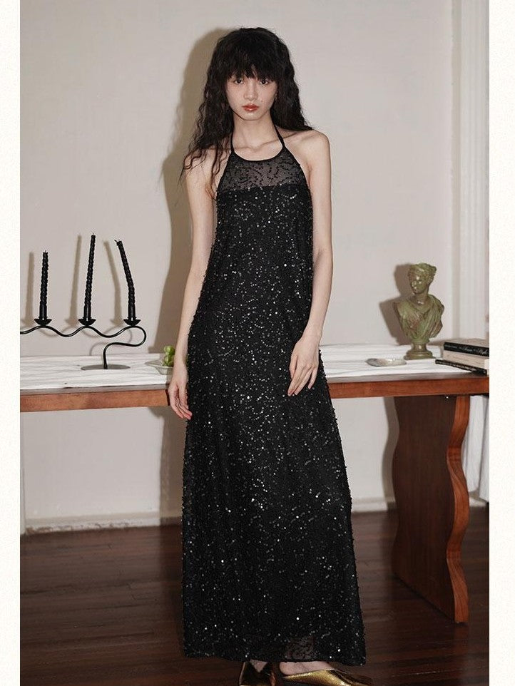 badtaste Western Custom Sequin Open Back Loose Women's Halter Maxi Dresses