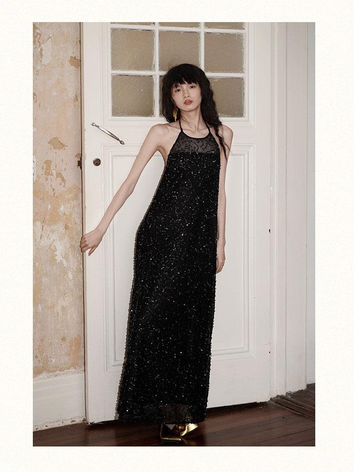 badtaste Western Custom Sequin Open Back Loose Women's Halter Maxi Dresses