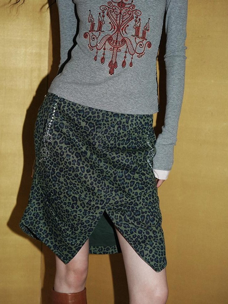 badtaste Western Denim Leopard Rhinestone Ruched Slit Women's Mini Skirts