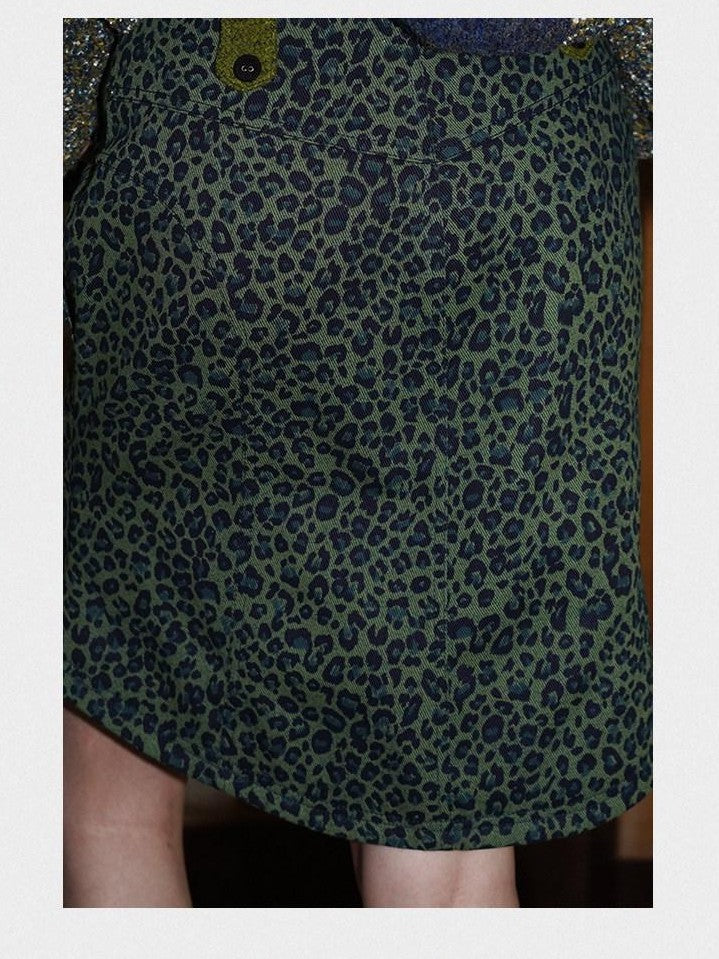 badtaste Western Denim Leopard Rhinestone Ruched Slit Women's Mini Skirts