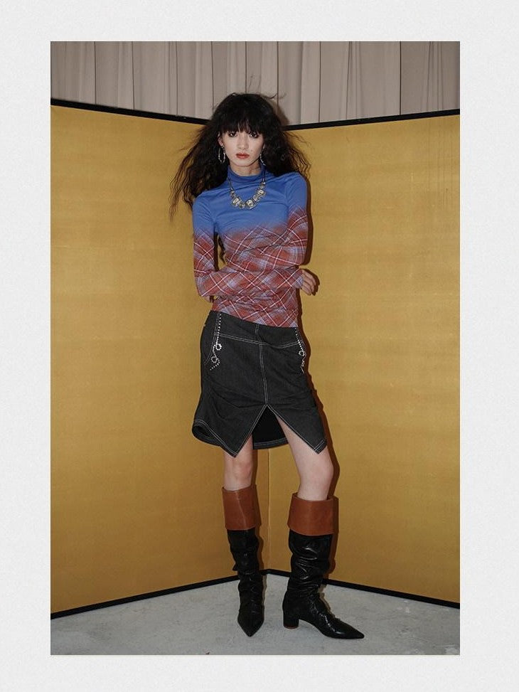 badtaste Western Denim Leopard Rhinestone Ruched Slit Women's Mini Skirts
