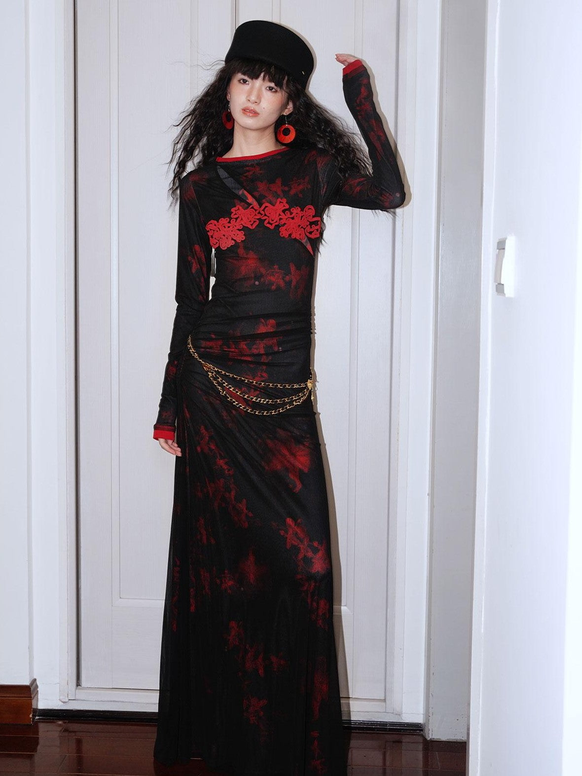 badtaste Western Double Layer Printed Embroidered Slim Fit Women's Bodycon Maxi Dresses