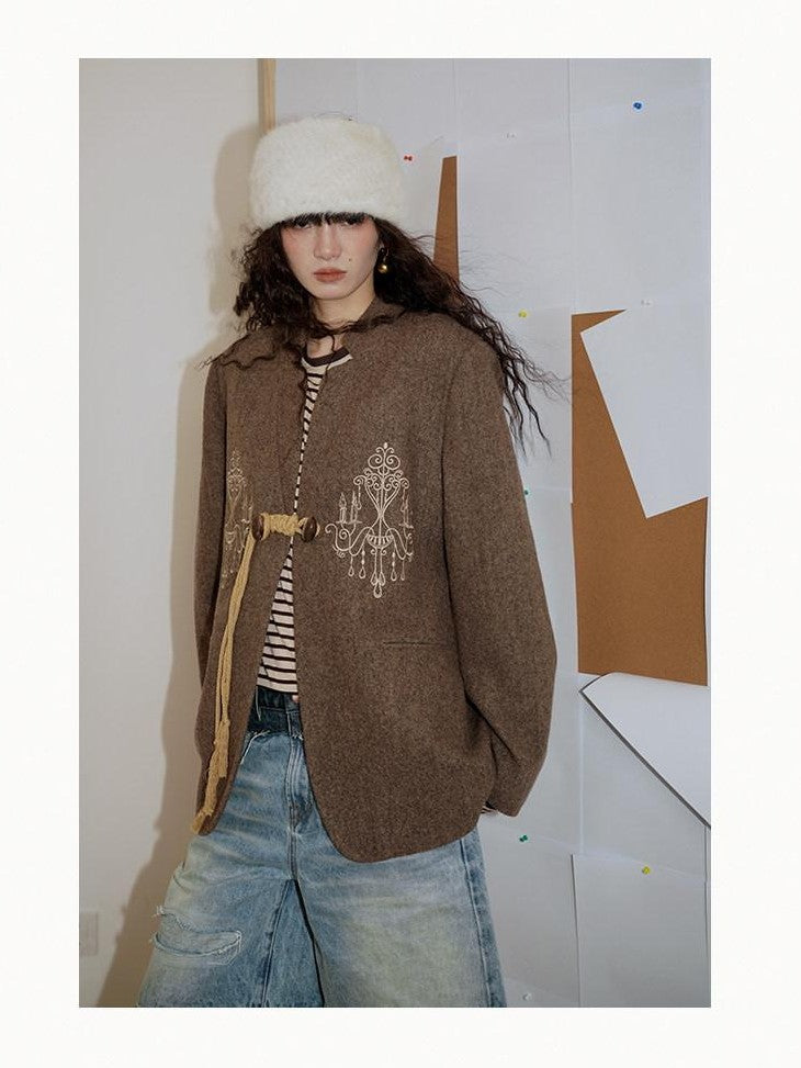 badtaste Western Embroidered Frog Button Vintage Women's Wool Alpaca Blazers
