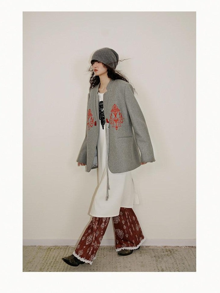 badtaste Western Embroidered Frog Button Vintage Women's Wool Alpaca Blazers