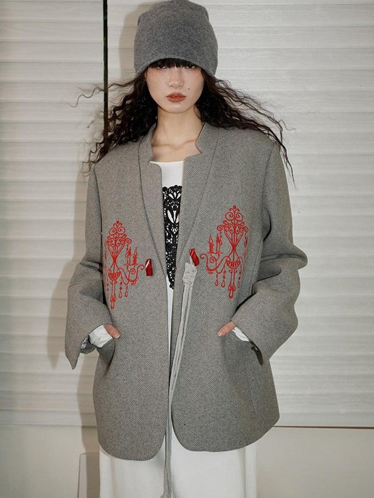 badtaste Western Embroidered Frog Button Vintage Women's Wool Alpaca Blazers