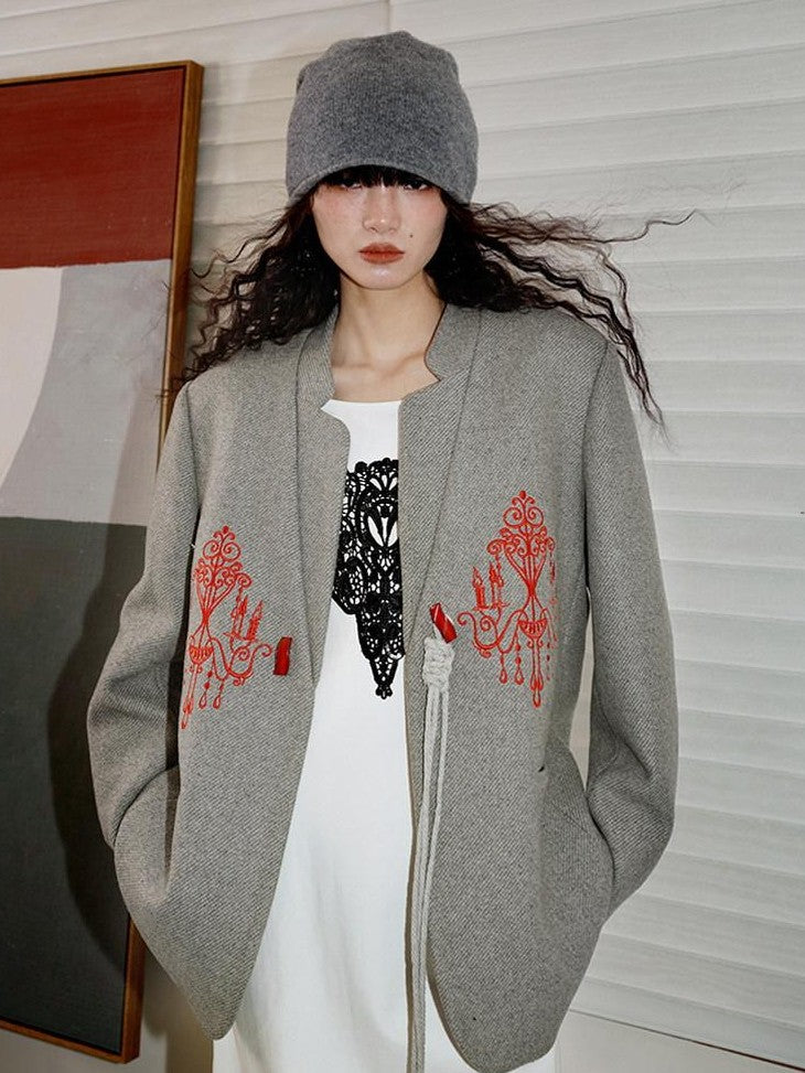 badtaste Western Embroidered Frog Button Vintage Women's Wool Alpaca Blazers