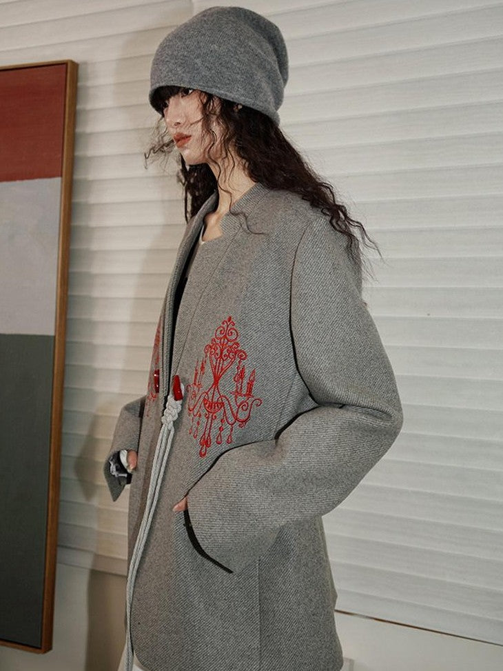 badtaste Western Embroidered Frog Button Vintage Women's Wool Alpaca Blazers