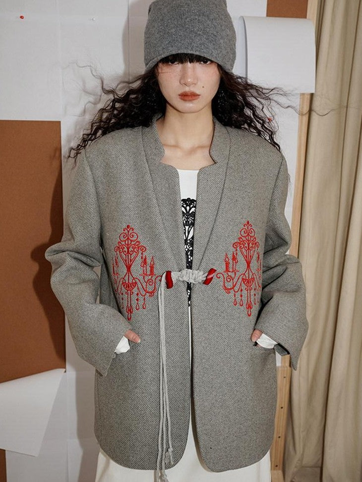 badtaste Western Embroidered Frog Button Vintage Women's Wool Alpaca Blazers