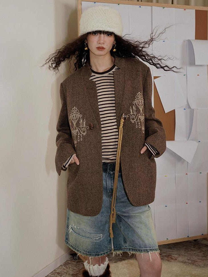 badtaste Western Embroidered Frog Button Vintage Women's Wool Alpaca Blazers