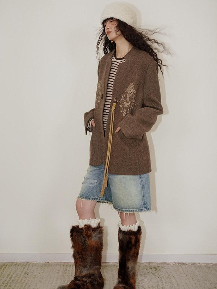 badtaste Western Embroidered Frog Button Vintage Women's Wool Alpaca Blazers
