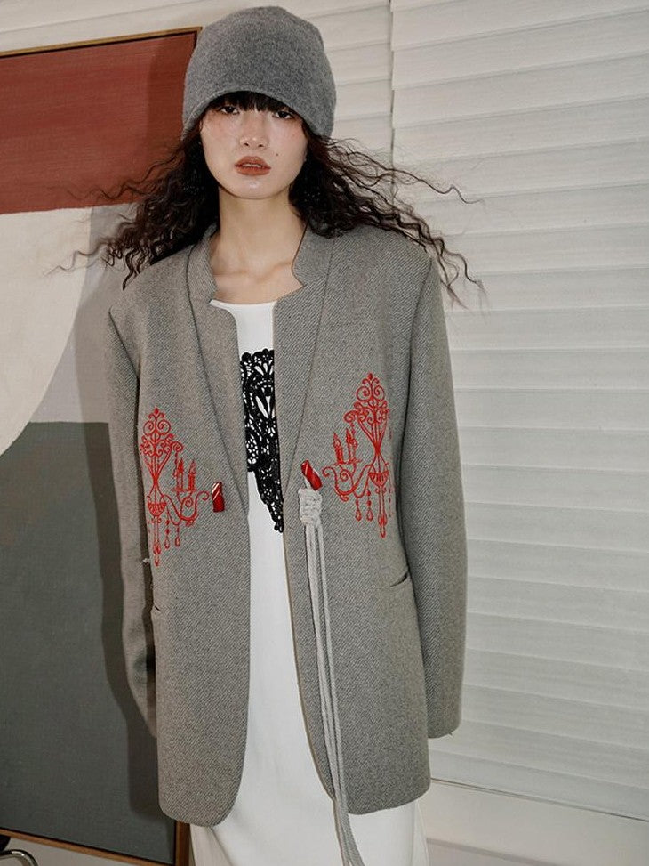badtaste Western Embroidered Frog Button Vintage Women's Wool Alpaca Blazers