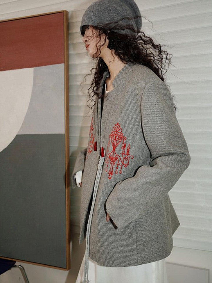 badtaste Western Embroidered Frog Button Vintage Women's Wool Alpaca Blazers