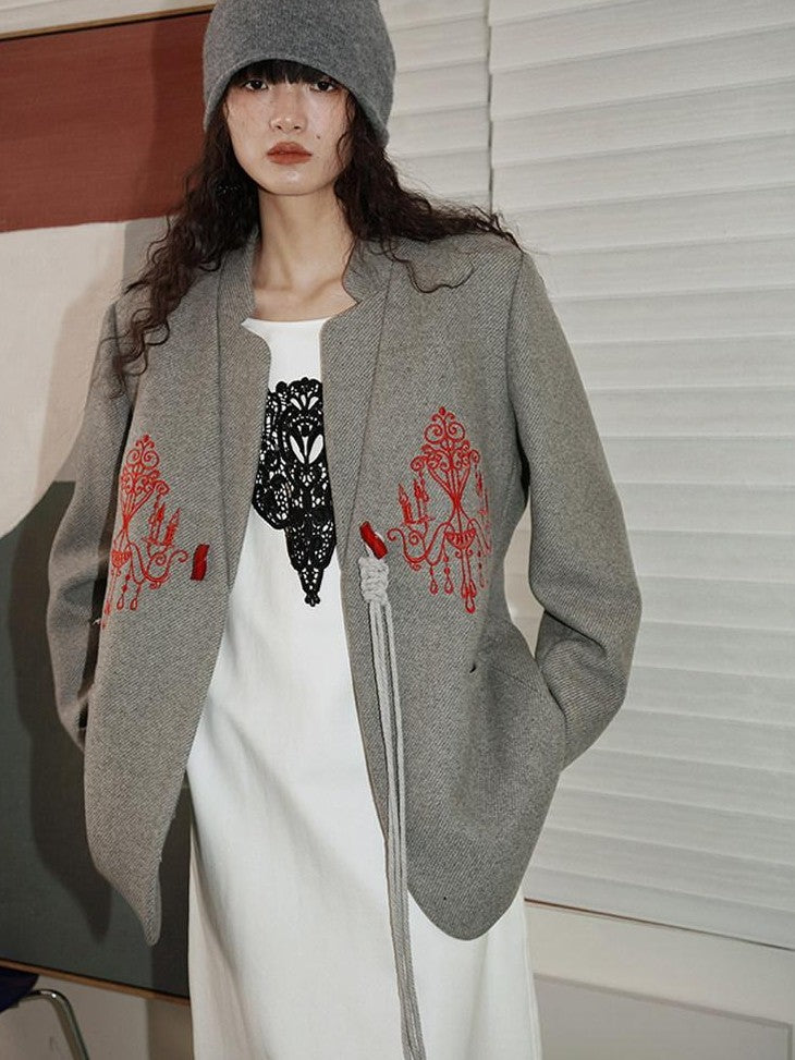 badtaste Western Embroidered Frog Button Vintage Women's Wool Alpaca Blazers