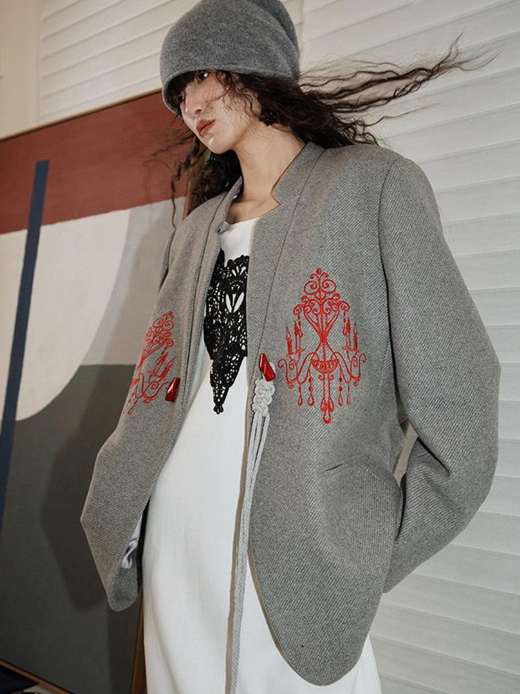 badtaste Western Embroidered Frog Button Vintage Women's Wool Alpaca Blazers