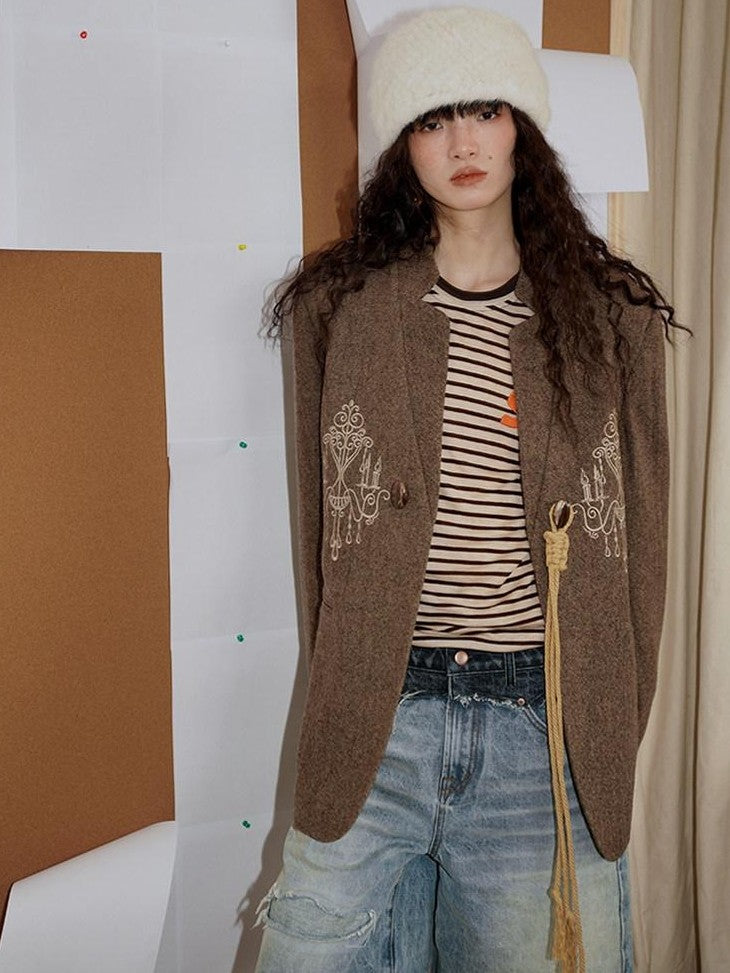 badtaste Western Embroidered Frog Button Vintage Women's Wool Alpaca Blazers