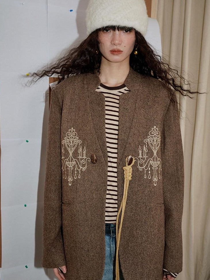 badtaste Western Embroidered Frog Button Vintage Women's Wool Alpaca Blazers