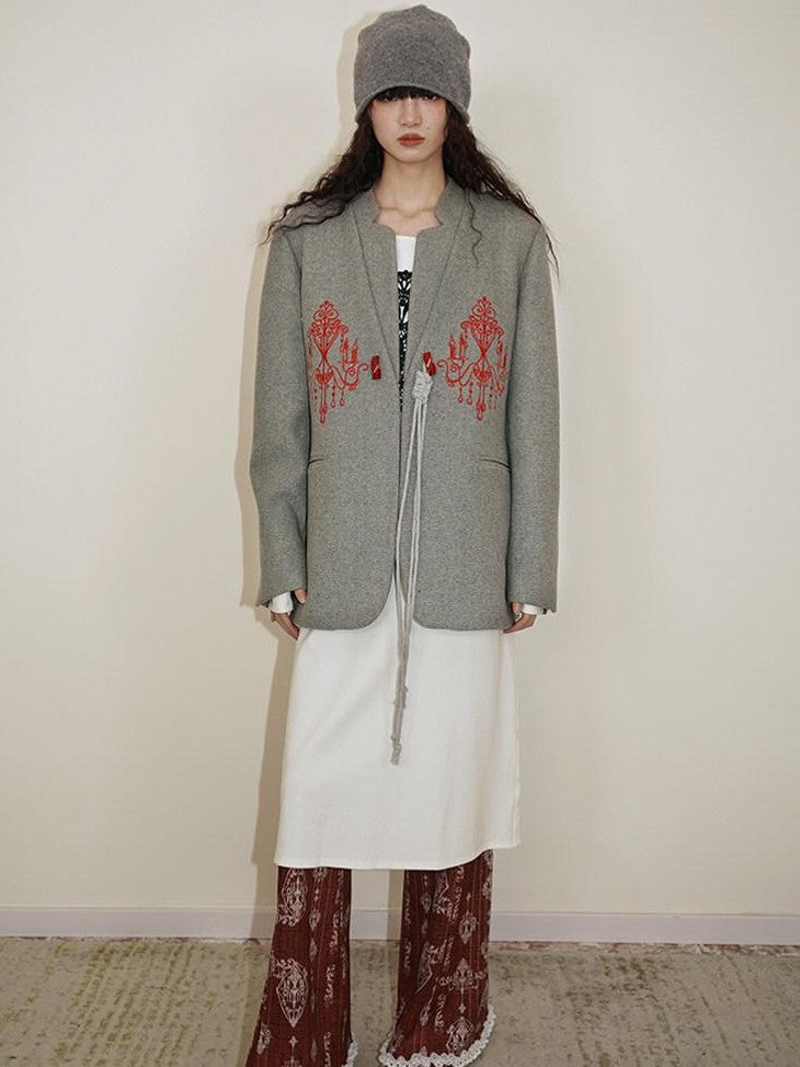badtaste Western Embroidered Frog Button Vintage Women's Wool Alpaca Blazers