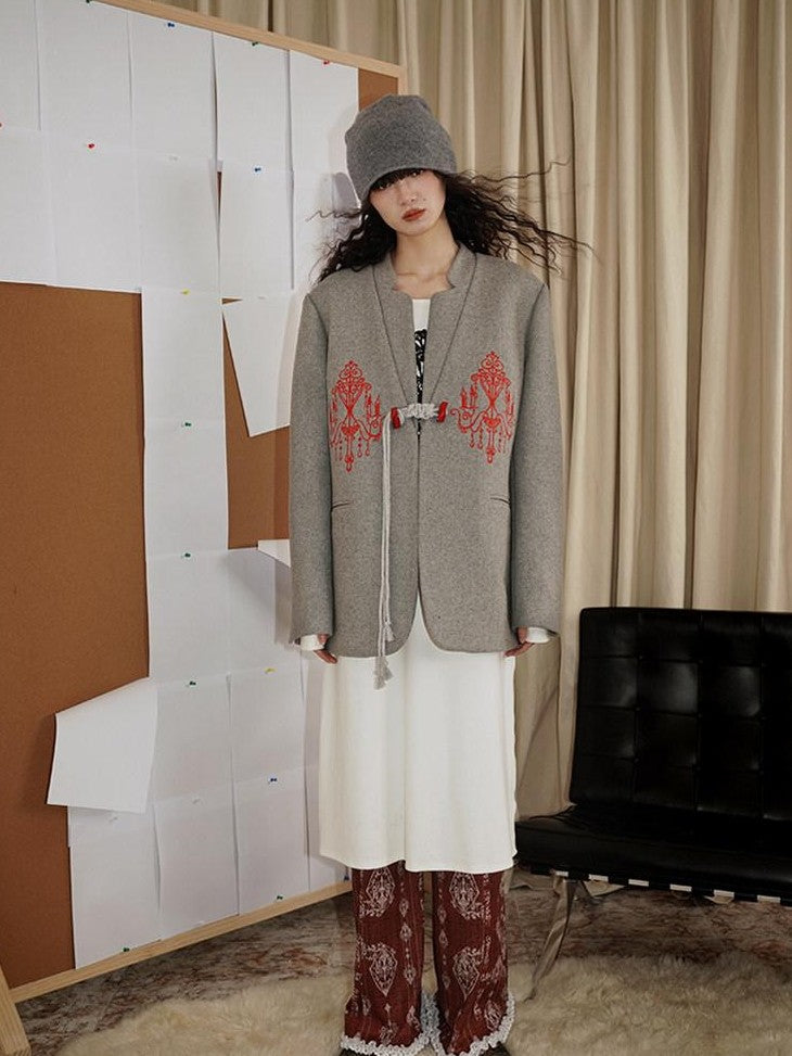 badtaste Western Embroidered Frog Button Vintage Women's Wool Alpaca Blazers