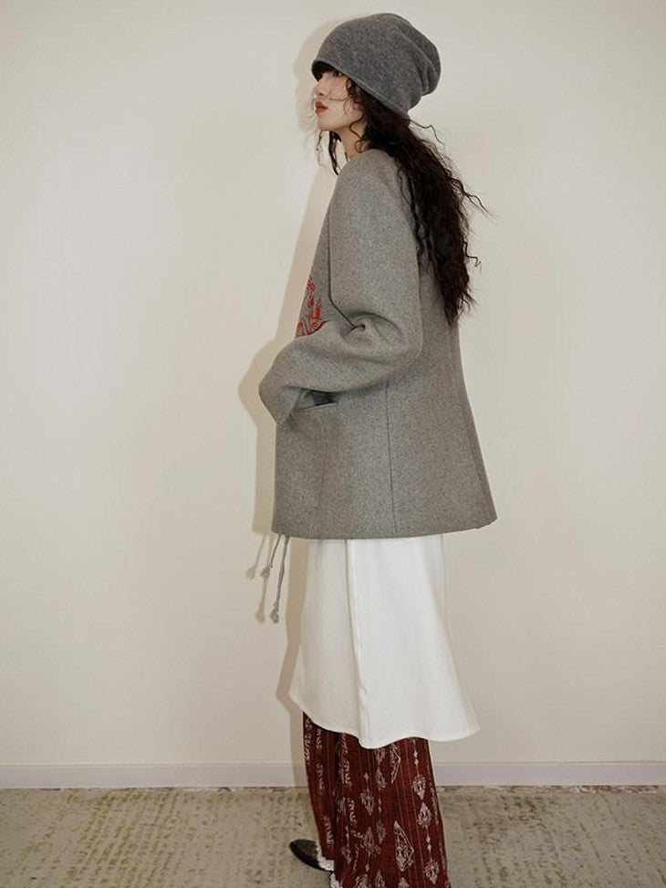 badtaste Western Embroidered Frog Button Vintage Women's Wool Alpaca Blazers