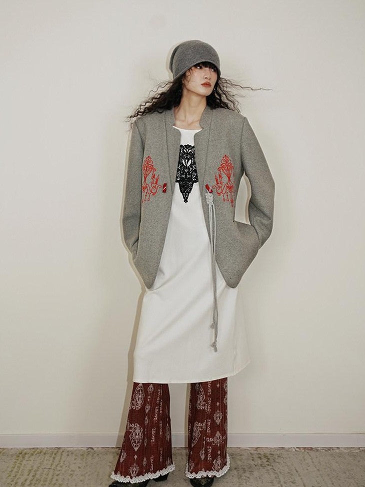 badtaste Western Embroidered Frog Button Vintage Women's Wool Alpaca Blazers