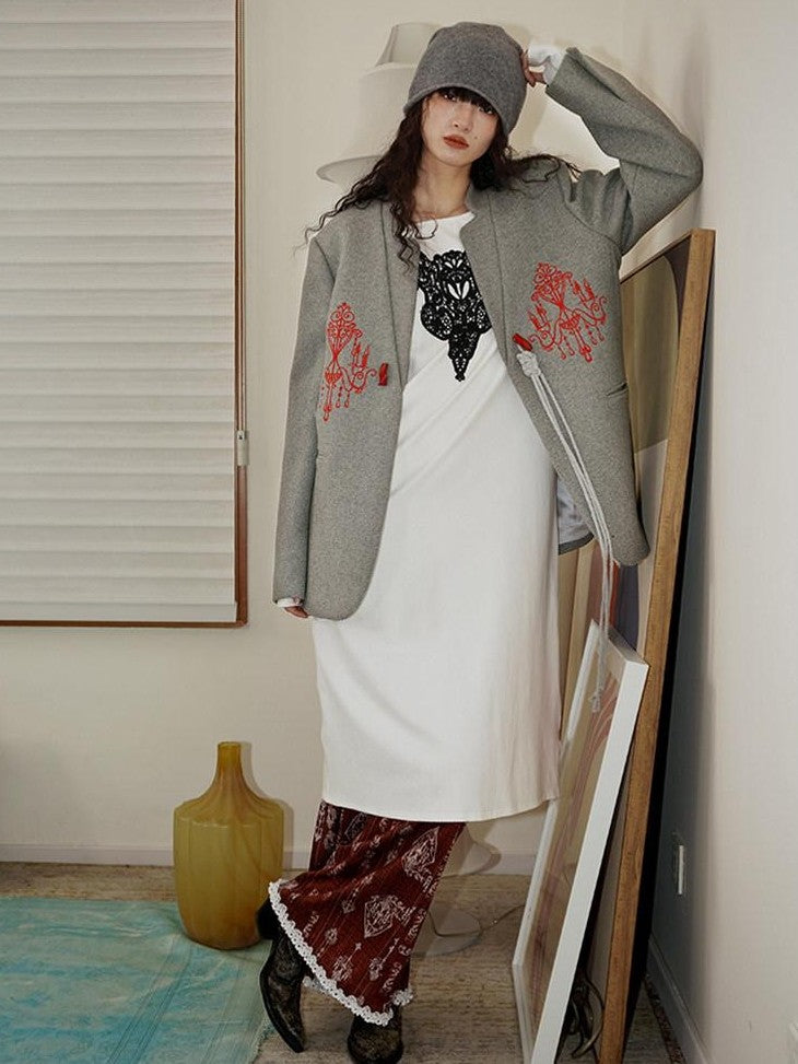 badtaste Western Embroidered Frog Button Vintage Women's Wool Alpaca Blazers