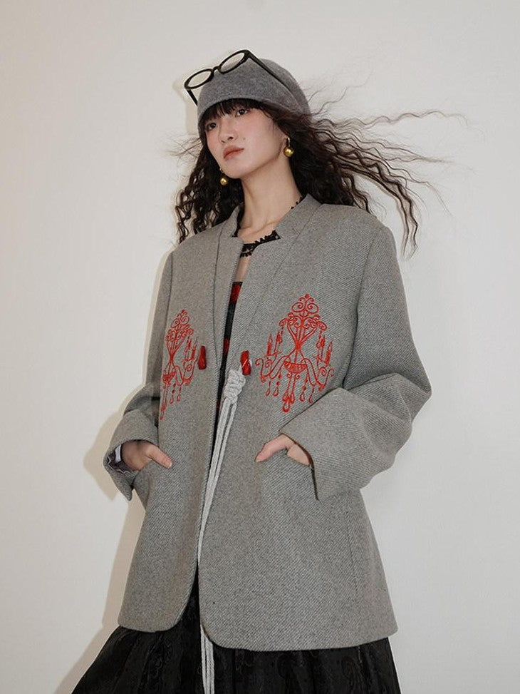 badtaste Western Embroidered Frog Button Vintage Women's Wool Alpaca Blazers