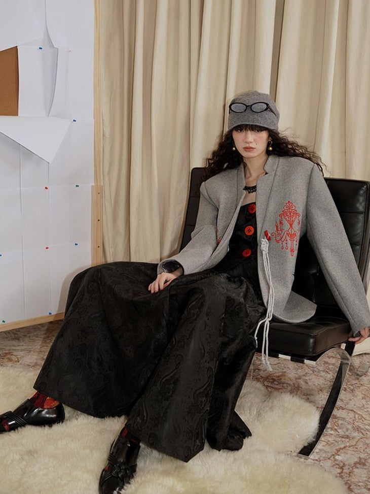 badtaste Western Embroidered Frog Button Vintage Women's Wool Alpaca Blazers