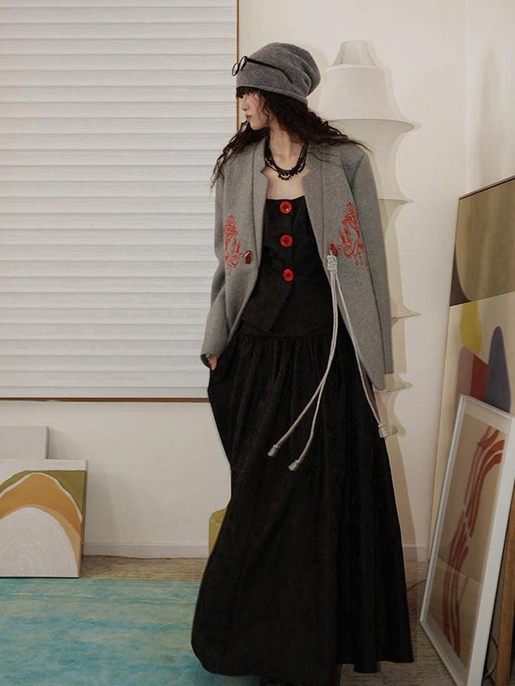 badtaste Western Embroidered Frog Button Vintage Women's Wool Alpaca Blazers