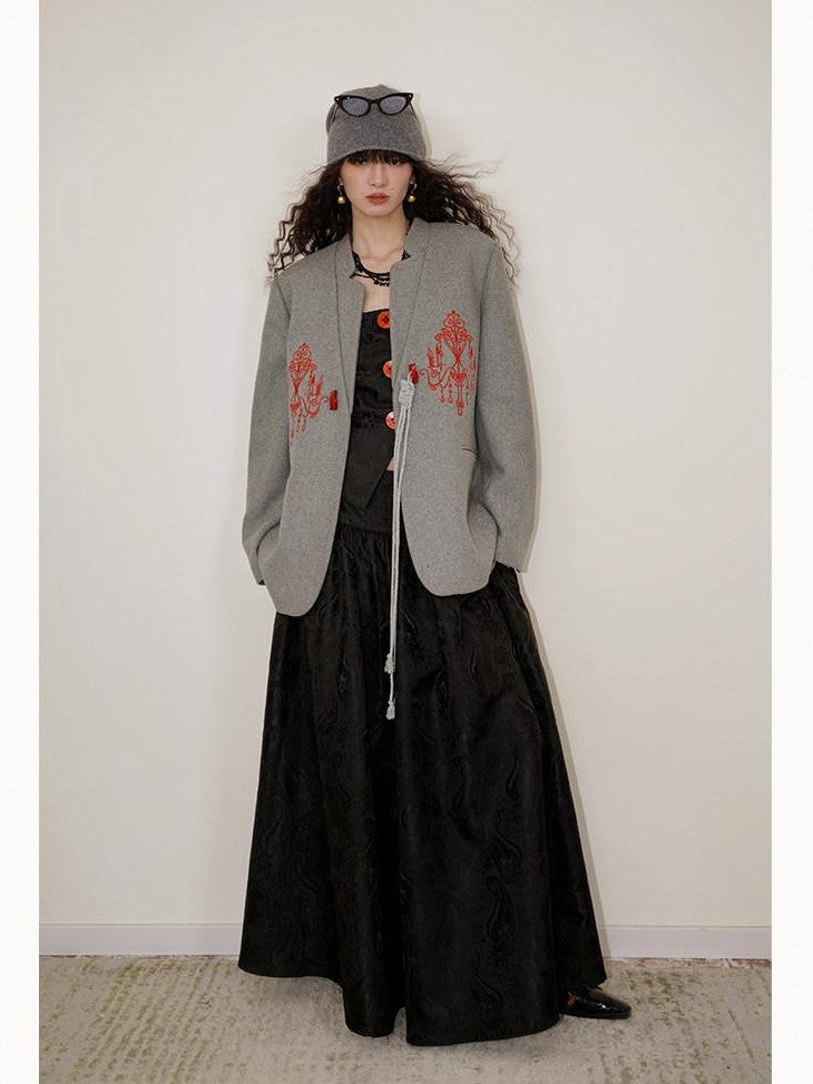 badtaste Western Embroidered Frog Button Vintage Women's Wool Alpaca Blazers