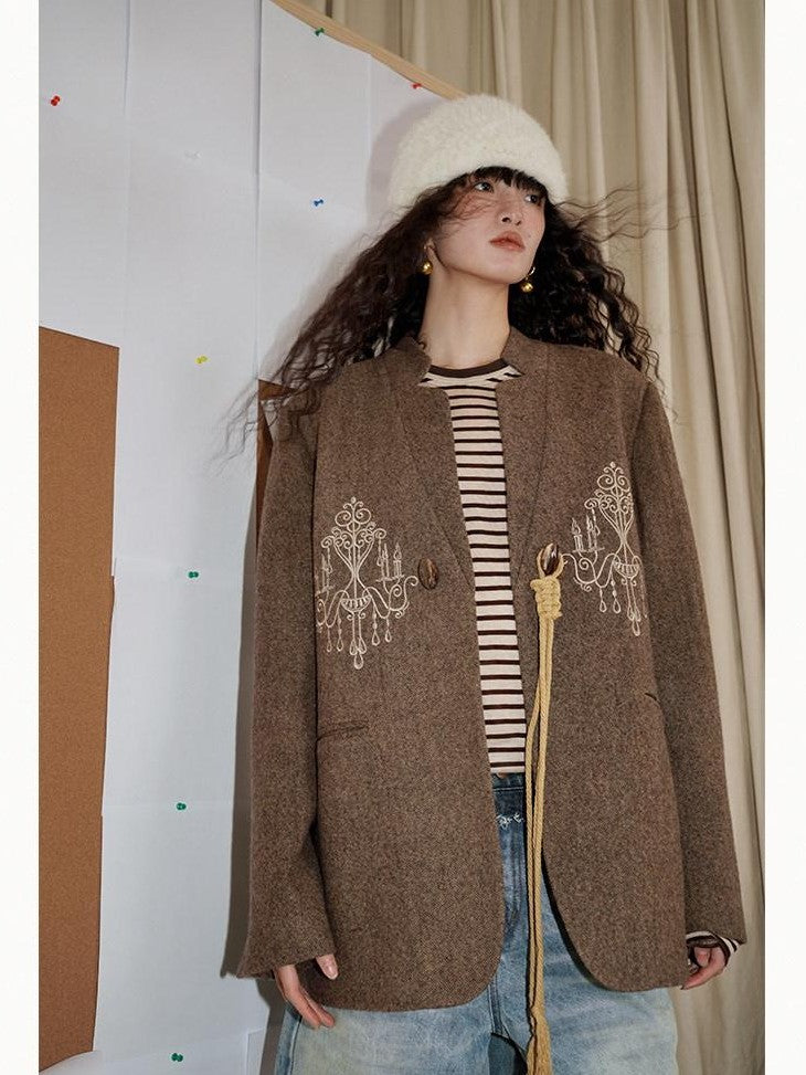 badtaste Western Embroidered Frog Button Vintage Women's Wool Alpaca Blazers