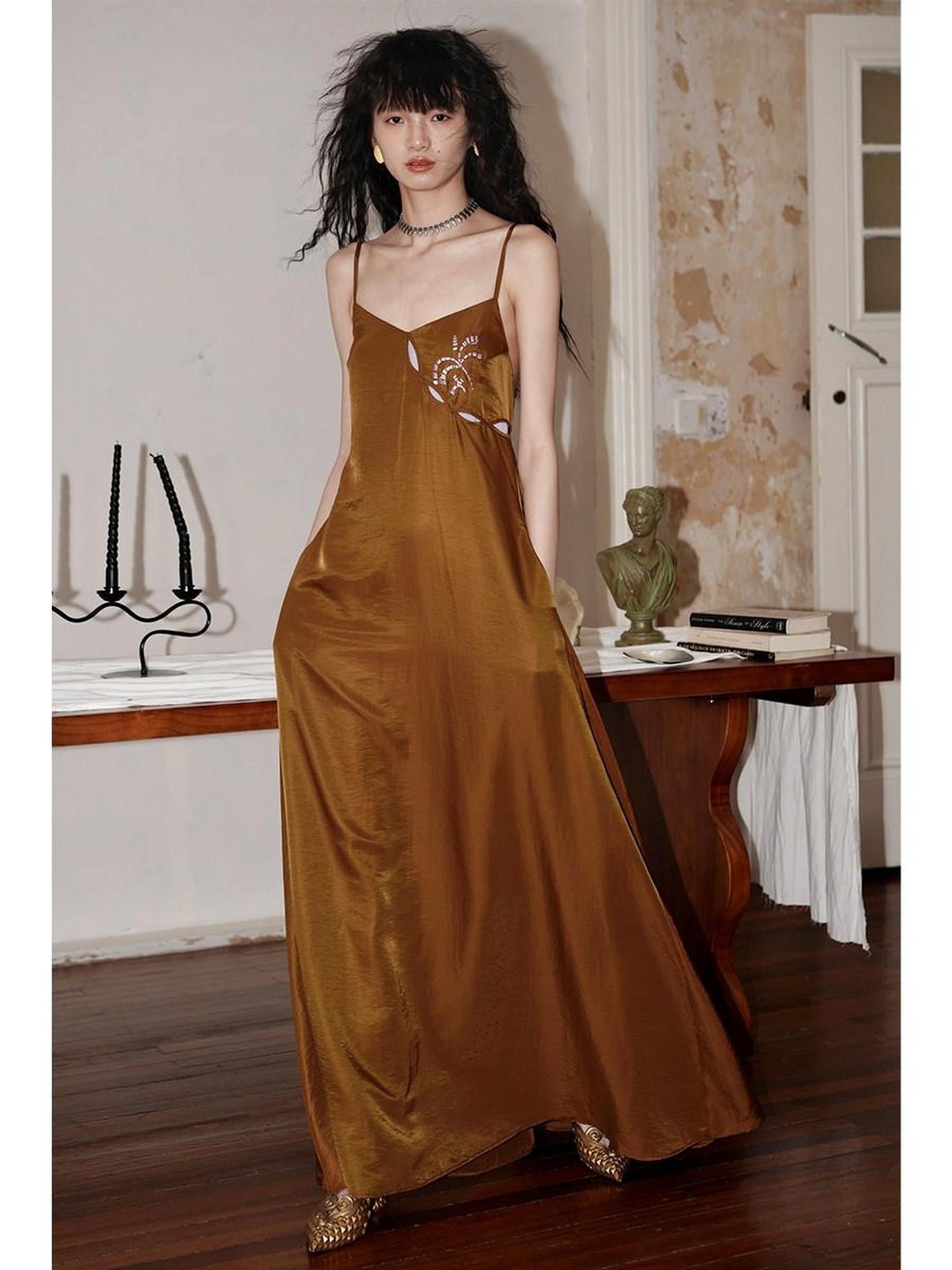 Western Embroidered Open Back Dramatic Flare Women's Cupro Slip Maxi Dresses