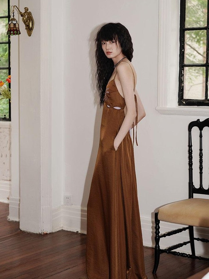 Western Embroidered Open Back Dramatic Flare Women's Cupro Slip Maxi Dresses