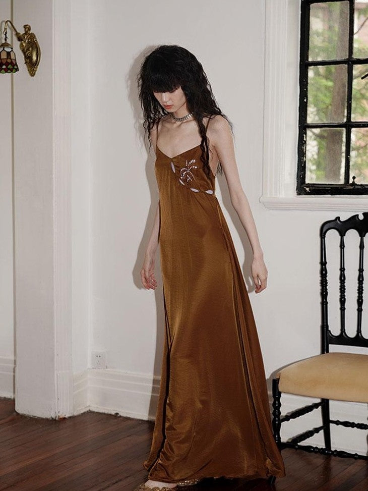 Western Embroidered Open Back Dramatic Flare Women's Cupro Slip Maxi Dresses