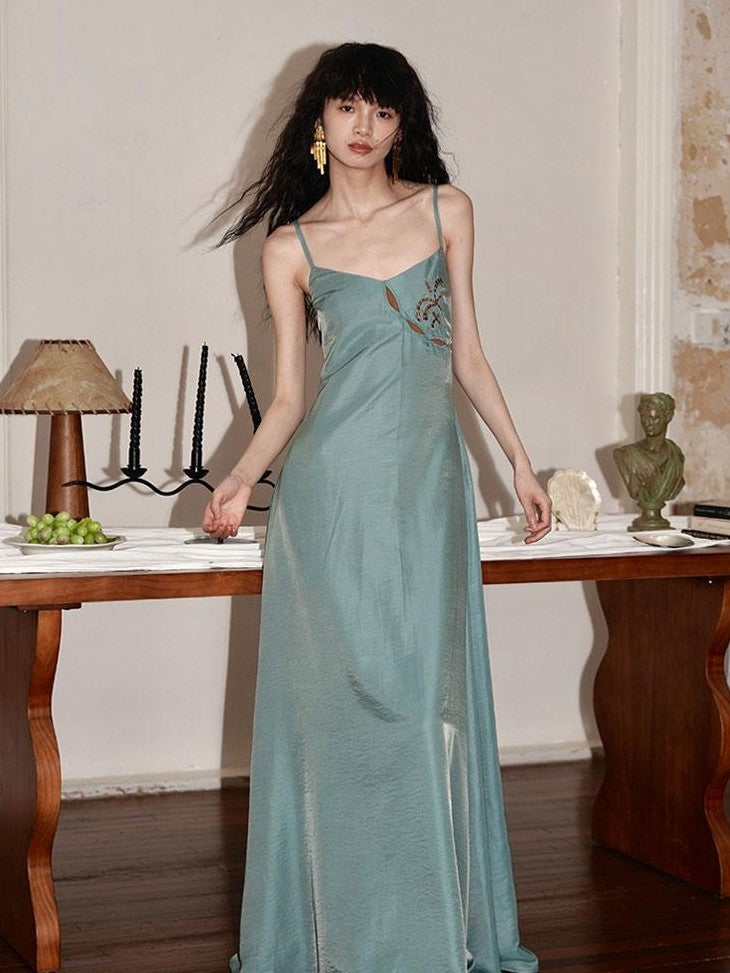 Western Embroidered Open Back Dramatic Flare Women's Cupro Slip Maxi Dresses