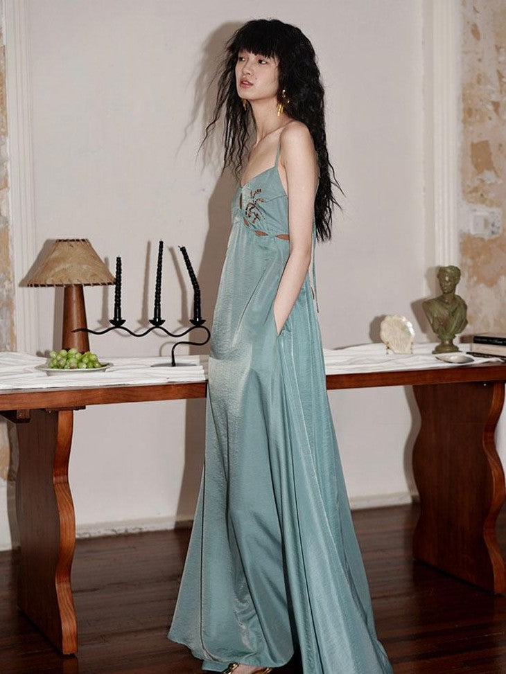 Western Embroidered Open Back Dramatic Flare Women's Cupro Slip Maxi Dresses