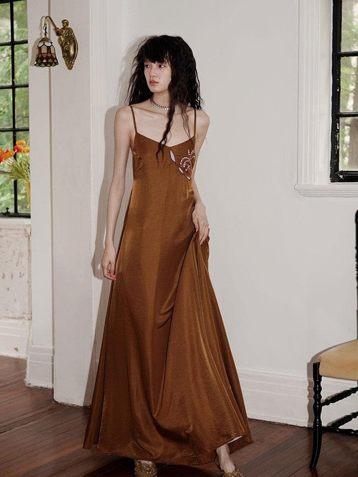 Western Embroidered Open Back Dramatic Flare Women's Cupro Slip Maxi Dresses