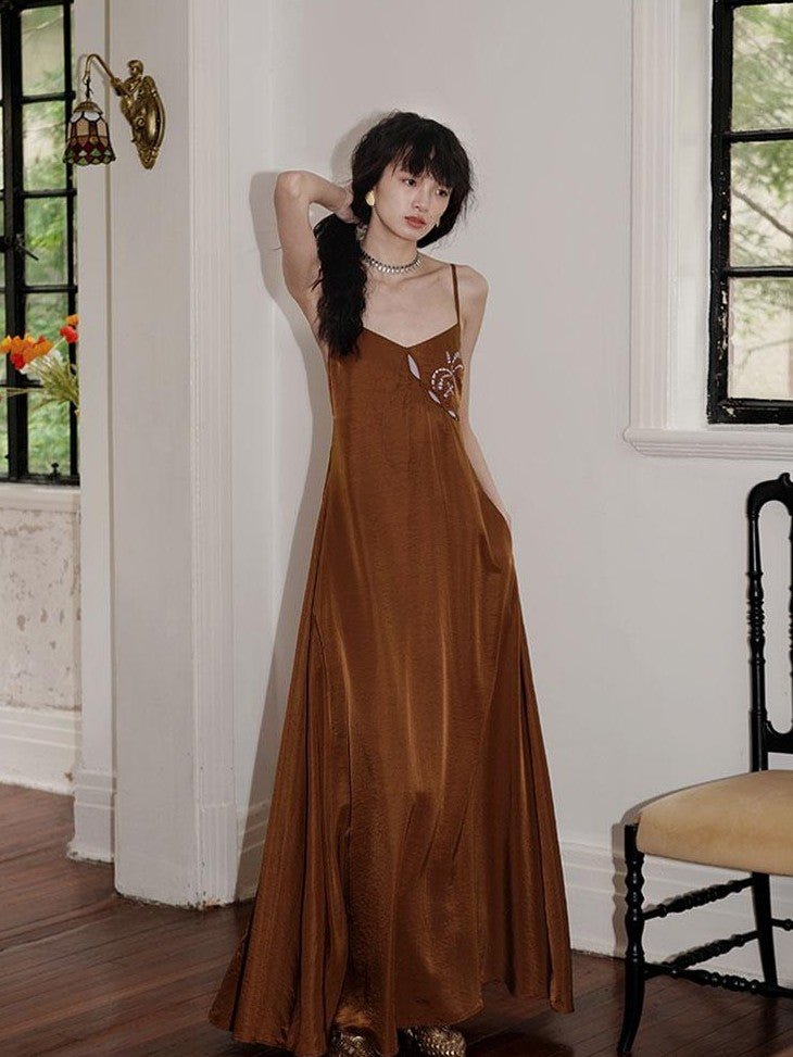 Western Embroidered Open Back Dramatic Flare Women's Cupro Slip Maxi Dresses