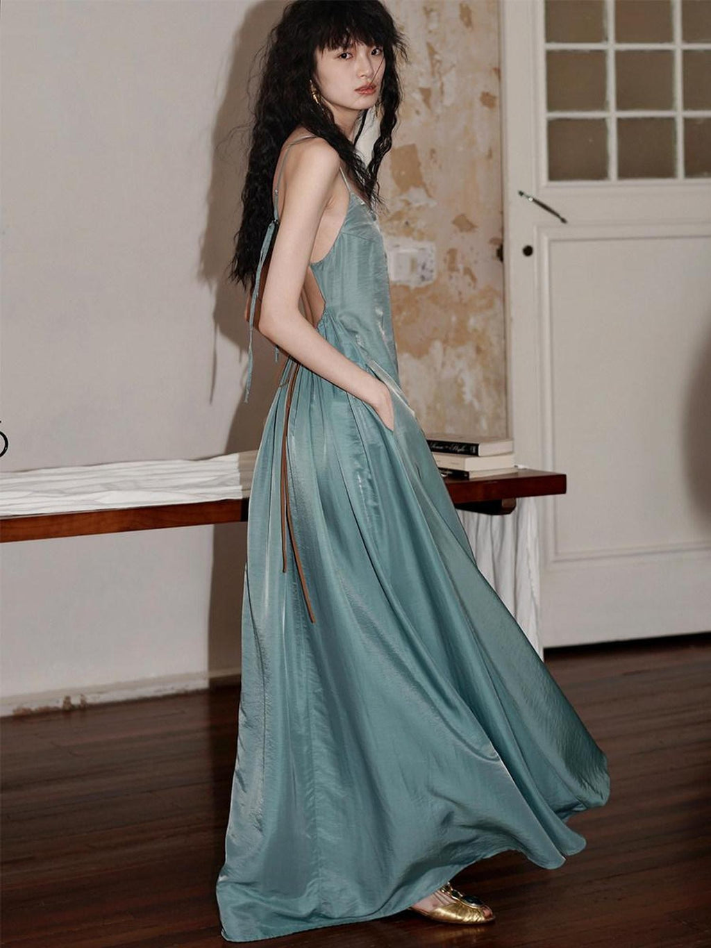 Western Embroidered Open Back Dramatic Flare Women's Cupro Slip Maxi Dresses