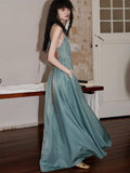 Western Embroidered Open Back Dramatic Flare Women's Cupro Slip Maxi Dresses