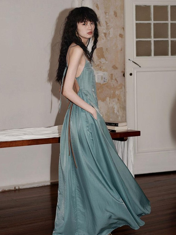 Western Embroidered Open Back Dramatic Flare Women's Cupro Slip Maxi Dresses