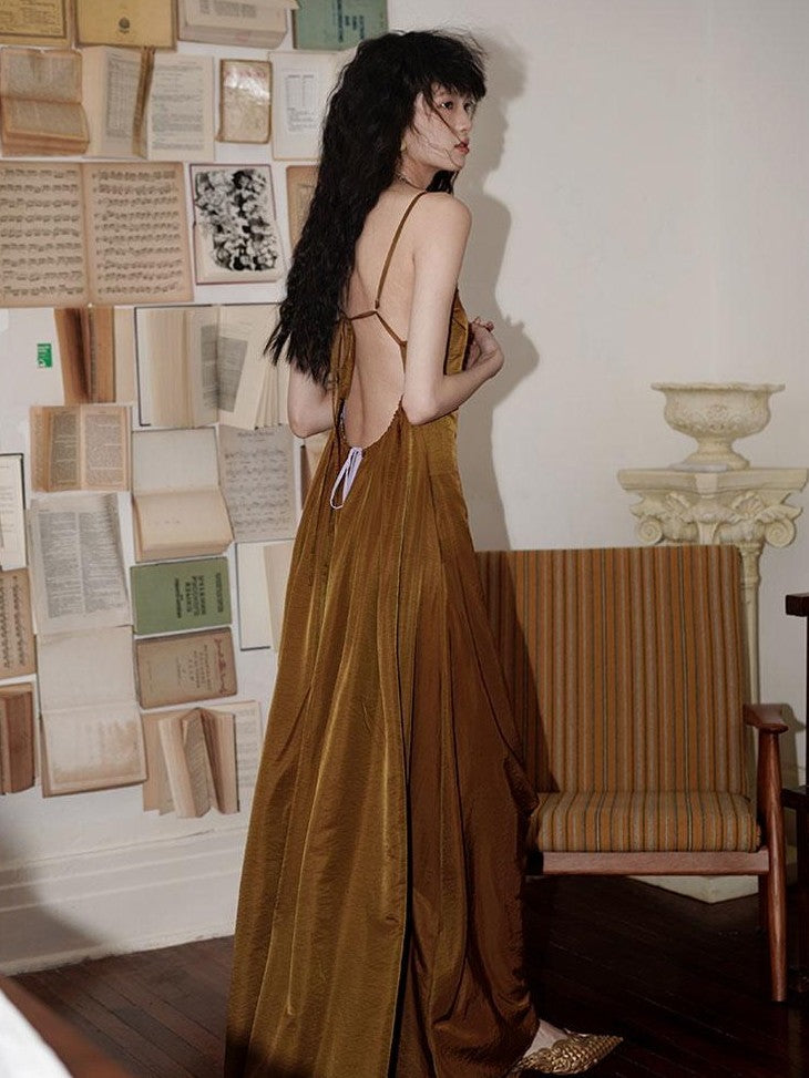 Western Embroidered Open Back Dramatic Flare Women's Cupro Slip Maxi Dresses